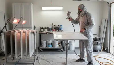 Painter applying smooth cabinet finish in Seattle WA kitchen with professional spray painting technique