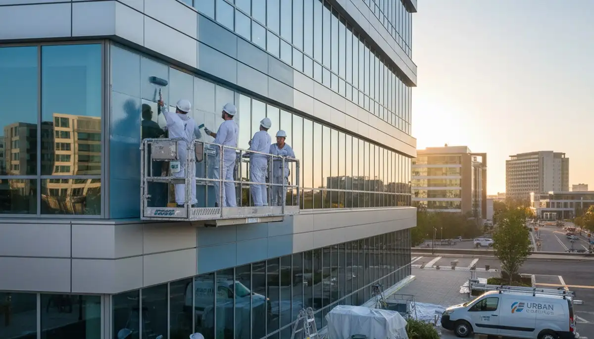 Professional commercial painters coating Seattle WA building exterior for durable, weather-resistant finish