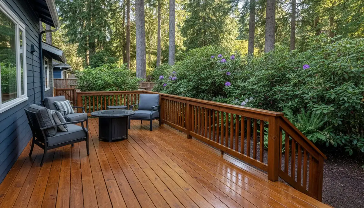 Finished deck staining in Seattle WA showing rich wood tones and weather-resistant professional finish