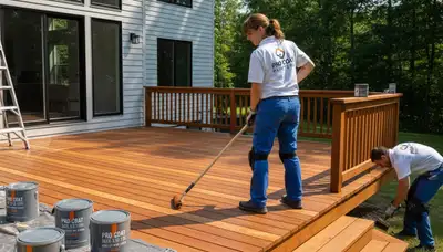 Professional deck staining by house painters in Seattle, WA protecting wood from rain and moss