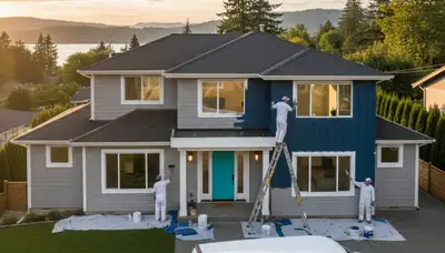 Professional house painters working on exterior home repaint in Seattle WA
