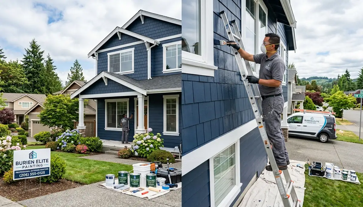 Professional house painters in Seattle WA applying exterior paint to a residential home