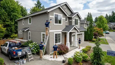Professional house painters in Seattle WA applying exterior paint to a residential home façade