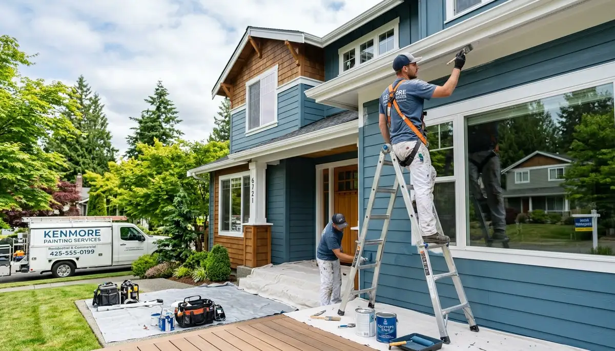 Professional house painters in Seattle WA applying exterior paint to a residential home