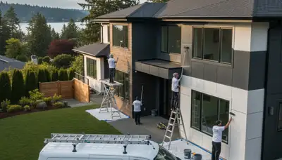 Professional house painters working on residential exterior in Seattle, WA
