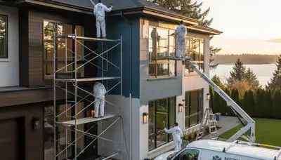 Professional house painters in Seattle WA applying exterior paint on residential home façade