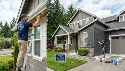 Professional house painters working on Seattle WA home exterior painting project