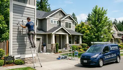 Professional house painters working on residential exterior in Seattle, WA