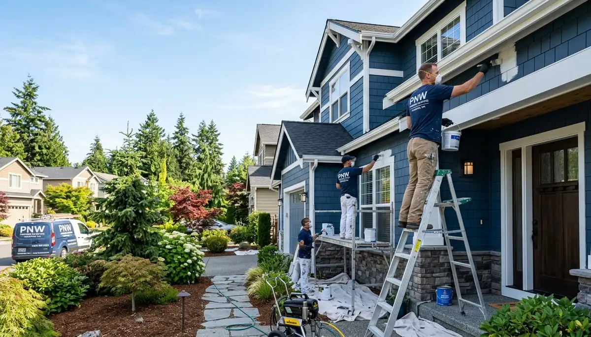 Professional house painters in Seattle WA applying exterior paint to a modern home facade