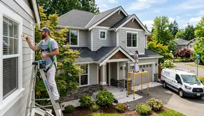 Professional house painters working on residential exterior in Seattle, WA