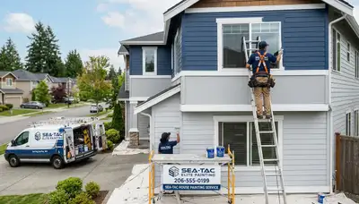 Professional house painters working on residential exterior in Seattle, WA