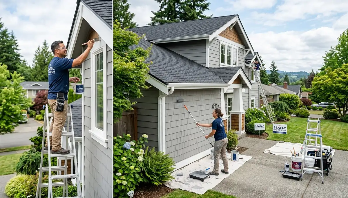 Professional house painters working on residential exterior in Seattle, WA