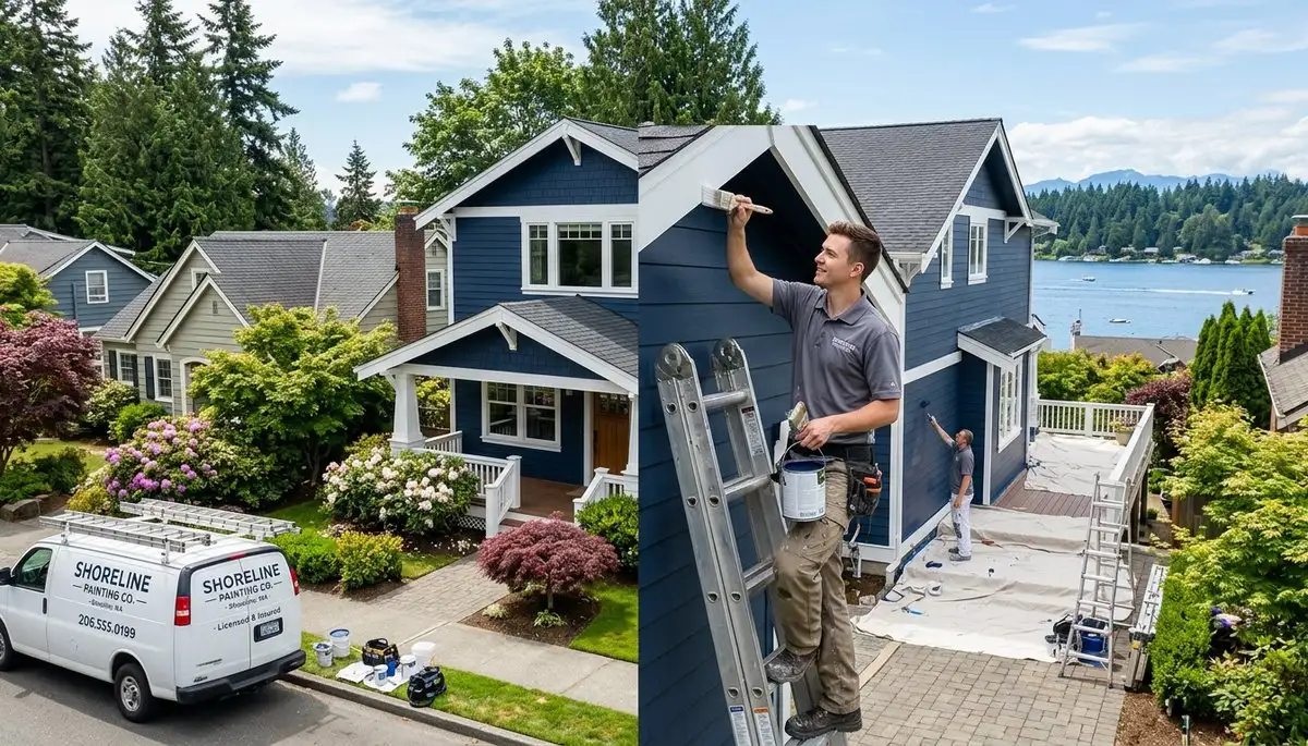 Professional house painters working on exterior home repaint in Seattle, WA