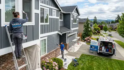 Professional house painters in Seattle WA applying exterior paint to a residential home