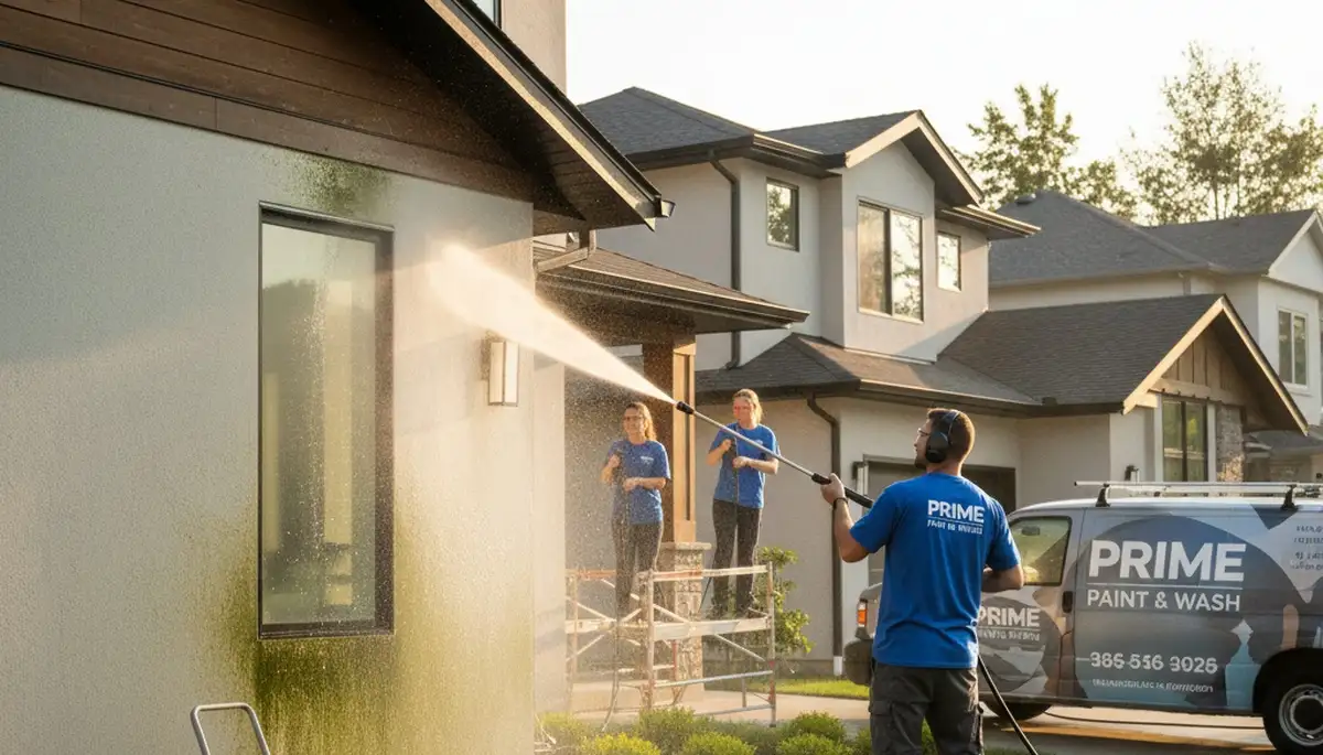Pressure cleaning home exterior Seattle WA removing moss and mildew by professional house painters