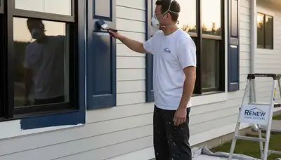 Painter applying weatherproof shutter paint on Seattle WA home exterior shutters